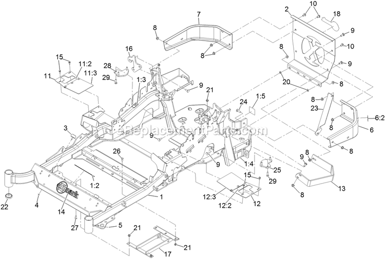 Main Frame Assembly Diagram and Parts List for LZE730GKA524C2 (402082300-404314158)(2018) Exmark Lawn Mower