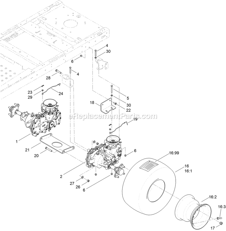 Hydro Transaxle Drive And Rear Wheel Assembly Diagram and Parts List for QTS691KA422 (314000000-314999999)(2014) Exmark Lawn Mower