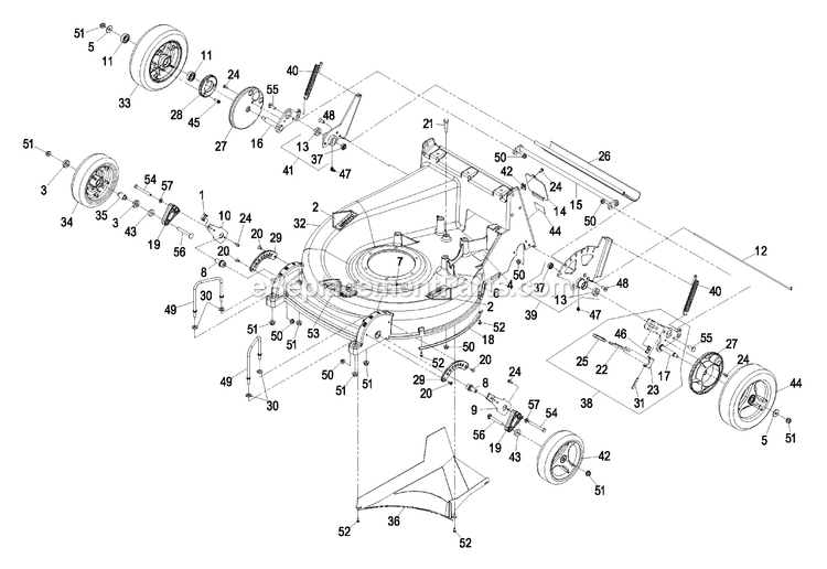 Deck And Wheel Assembly Diagram and Parts List for M266KASPC (510000-599999)(2005) Exmark Lawn Mower