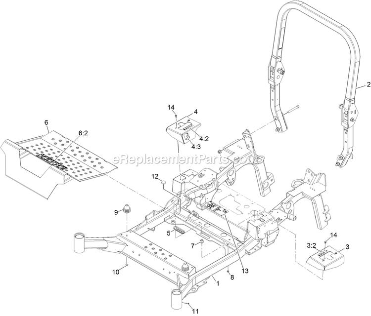 Main Frame Assembly Diagram and Parts List for LZS80TDYM604W0 (408644346-411294211)(2021) Exmark Lawn Mower