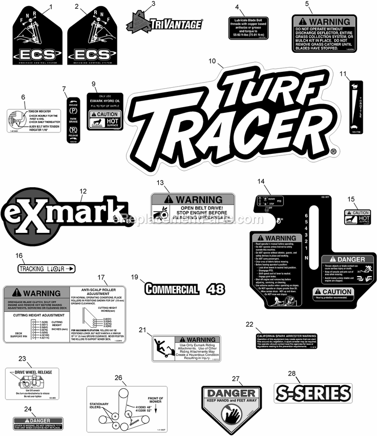 Decals Diagram and Parts List for TTS16KA483CA (920000-999999)(2011) Exmark Lawn Mower