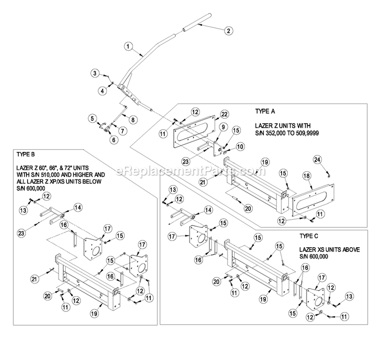 Hitch And Handle Assembly Diagram and Parts List for UVD6672 (600000-669999)(2006) Exmark Lawn Tractor Accessories