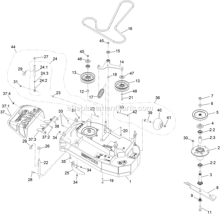 Deck Assembly Diagram and Parts List for TTS481CKA36300 (404314159-406294344)(2019) Exmark Lawn Mower