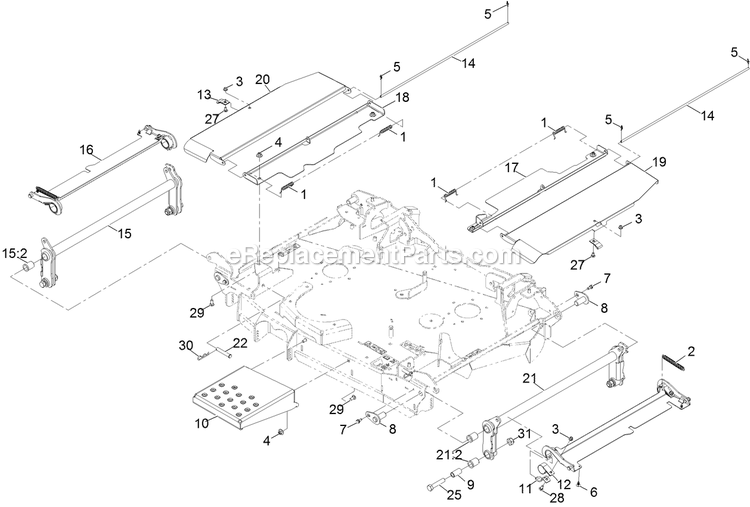 Center Deck Guard Assembly Diagram and Parts List for LZS88CDYM96RW0 (402082300-404314158)(2018) Exmark Lawn Mower