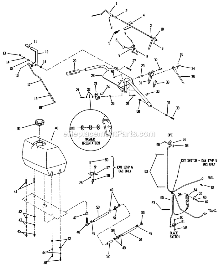 Upper Handles And Controls Diagram and Parts List for MHP3615KC (150000-189999)(1997) Exmark Lawn Mower