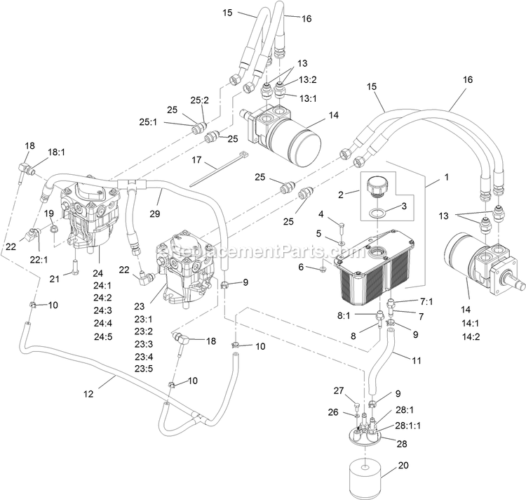 Hydraulic Assembly Diagram and Parts List for TTX650EKCE524 (314000000-314999999)(2014) Exmark Lawn Mower