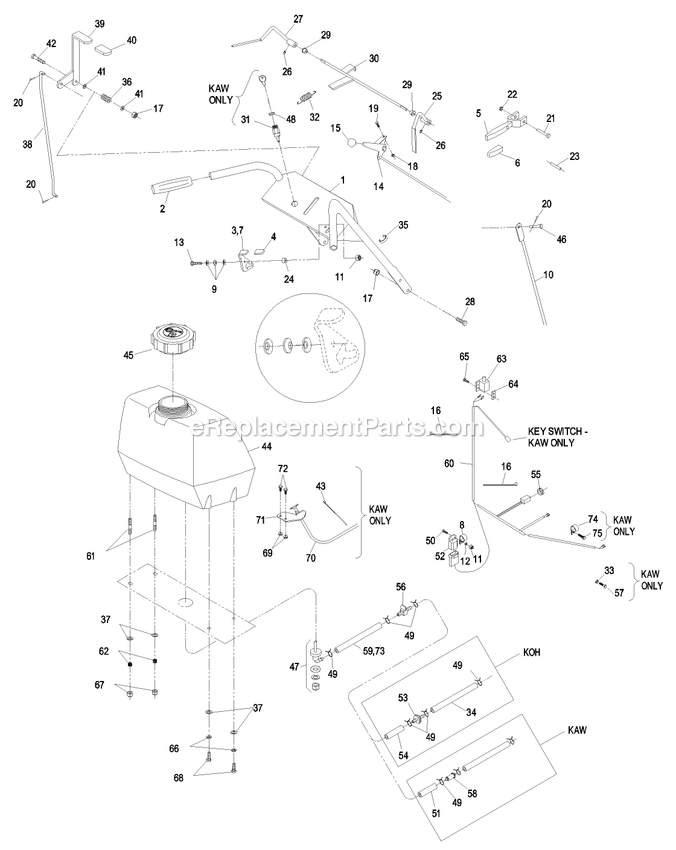 Pistol Grip Upper Handles And Controls Diagram and Parts List for M3615KA (440000-509999)(2004) Exmark Lawn Mower