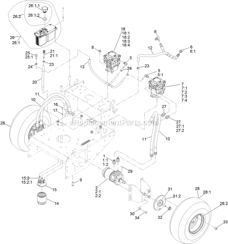 Hydraulic Assembly Diagram and Parts List for VHS481GKA36200 (406294345-408644345)(2020) Exmark Lawn Mower