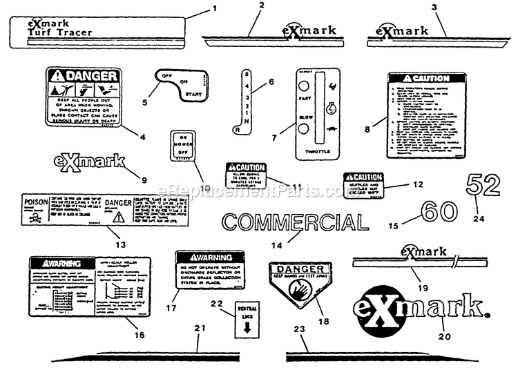 Decals Diagram and Parts List for TT-17K 70000 Exmark Lawn Mower