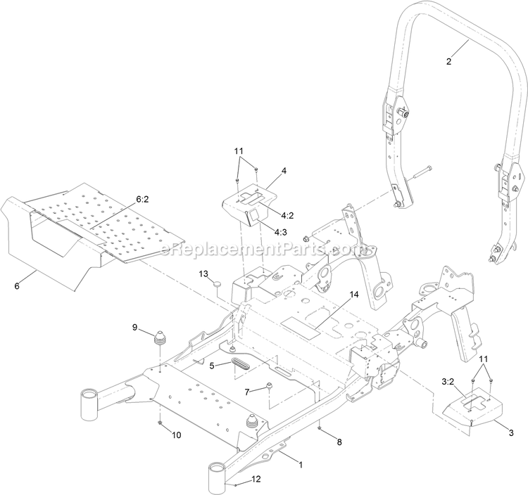 Main Frame Assembly Diagram and Parts List for LZS80TDYM72RW0 (402082300-404314158)(2018) Exmark Lawn Mower