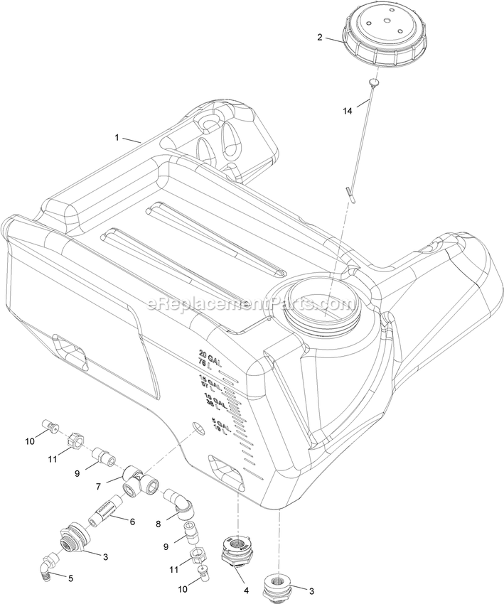 Sprayer Tank Assembly Diagram and Parts List for SSS270CSB00000 (402082300-404314158)(2018) Exmark Sprayer