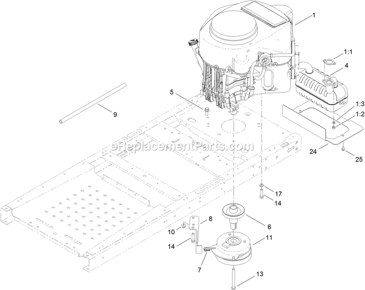 Engine, Muffler And Clutch Assembly Diagram and Parts List for QT24KA501 (920000-999999)(2011) Exmark Lawn Mower