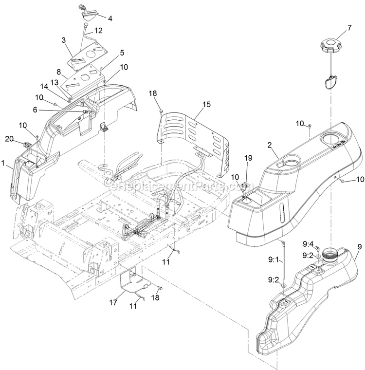 Controls And Fuel Tank Diagram and Parts List for QTE691KA501 (313000000-313999999)(2013) Exmark Lawn Mower