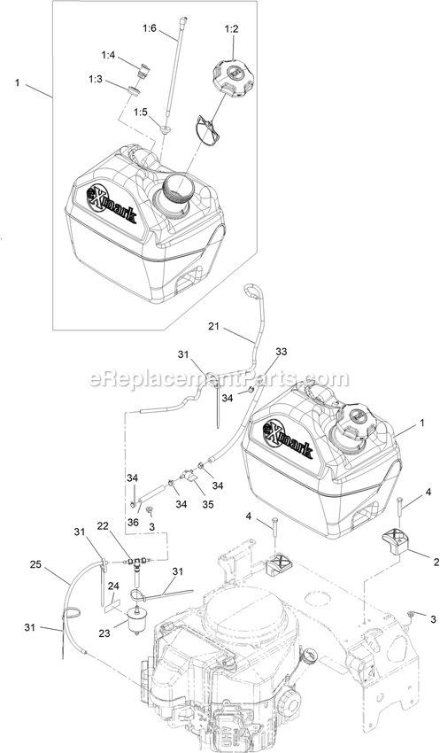 Fuel Tank Assembly Diagram and Parts List for TTS600GKA523E0 (408644346-411294211)(2021) Exmark Lawn Mower