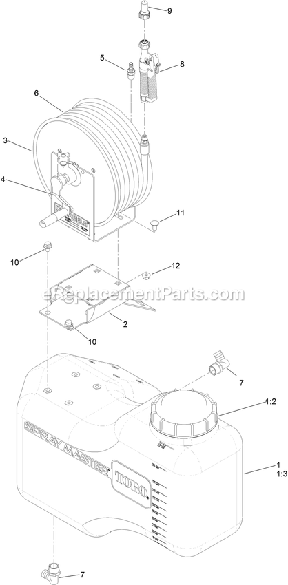 Tank Hose Reel Assembly Diagram and Parts List for 34233 406912824-999999999 Exmark Sprayer