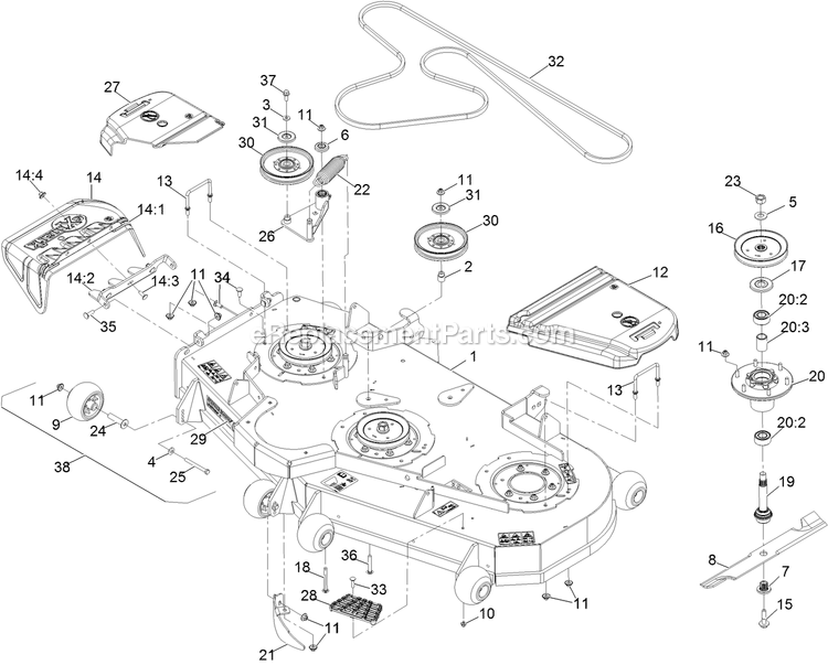 Deck Assembly Diagram and Parts List for LZS80TDYM604W0 (406294345-408644345)(2020) Exmark Lawn Mower