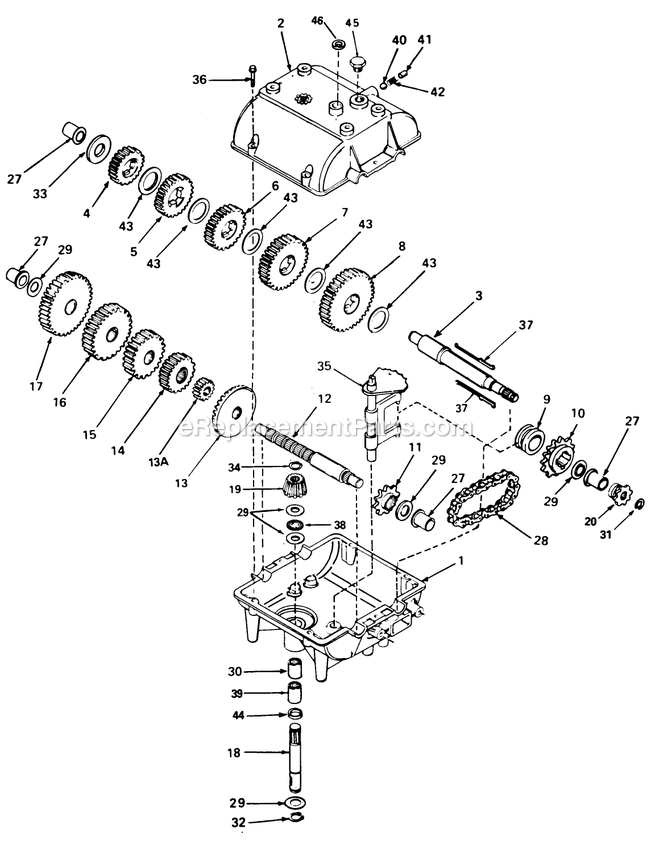 Transmission Diagram and Parts List for TT-1800  Exmark Lawn Mower