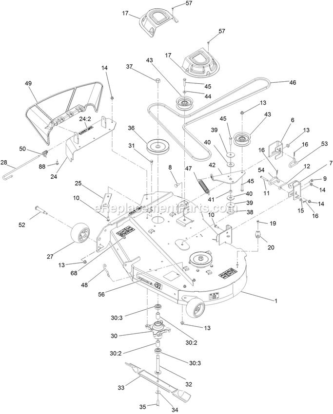 Deck Assembly Diagram and Parts List for QZE702GEM42200 (404314159-406294344)(2019) Exmark Lawn Mower