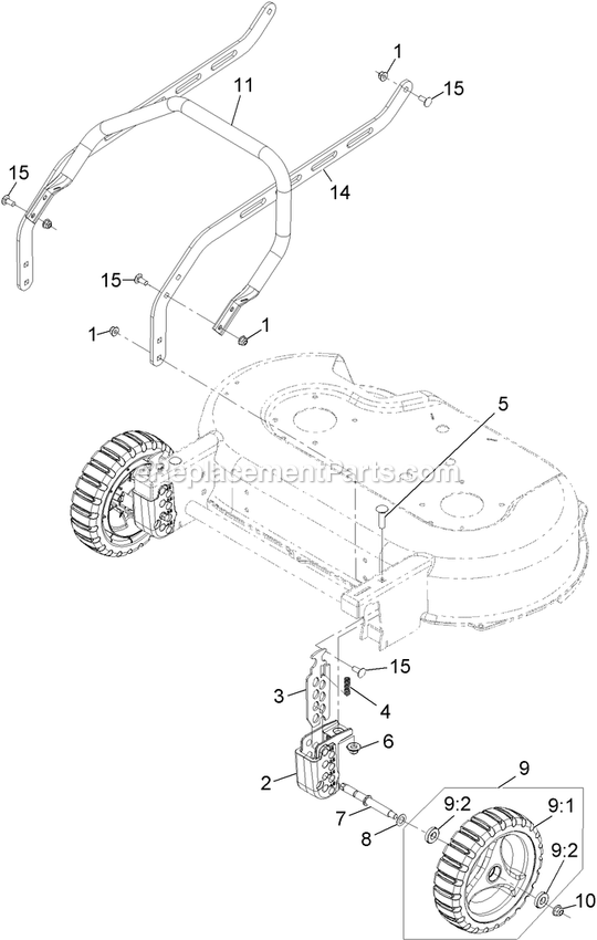Front Bumper And Wheel Assembly Diagram and Parts List for ECS180CKA30000 (315000000-315999999)(2015) Exmark Lawn Mower