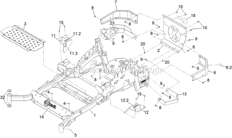 Main Frame Assembly Diagram and Parts List for LZX993EBV606X1 (411294212-999999999)(2022) Exmark Lawn Mower