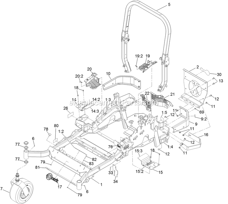 Main Frame Assembly Diagram and Parts List for LZE742GKC604B1 (316000000-399999999)(2016) Exmark Lawn Mower
