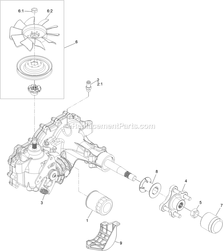 Left Transaxle Assembly Diagram and Parts List for RAE702GEM44300 (406294345-408644345)(2020) Exmark Lawn Mower