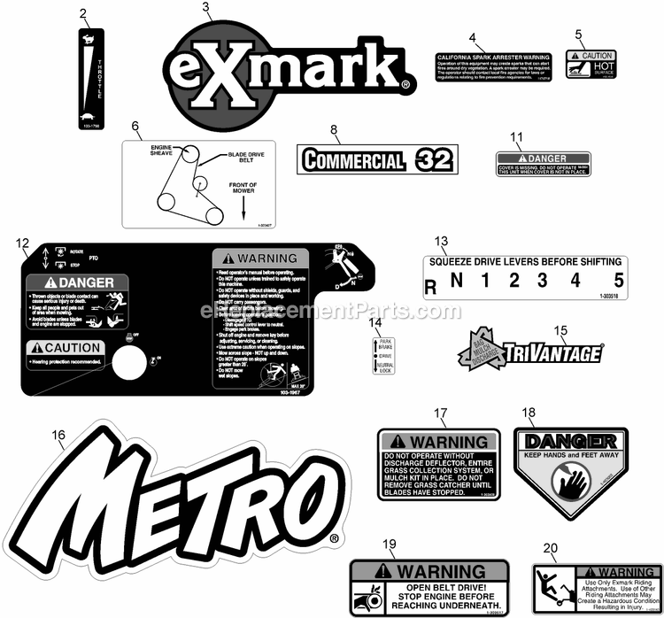 Decals Diagram and Parts List for MG16KA322PCA (920000-999999)(2011) Exmark Lawn Mower