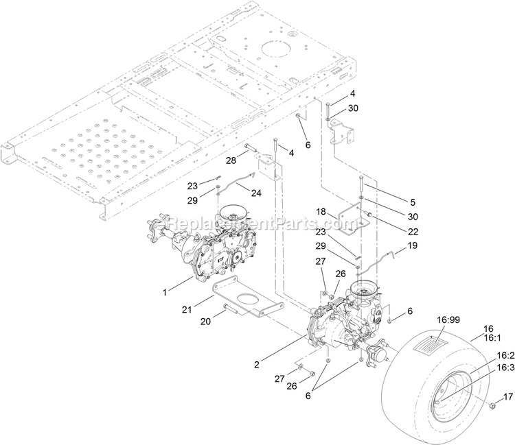 Hydro Transaxle Drive And Rear Wheel Assembly Diagram and Parts List for QTE651KA421 (313000000-313999999)(2013) Exmark Lawn Mower