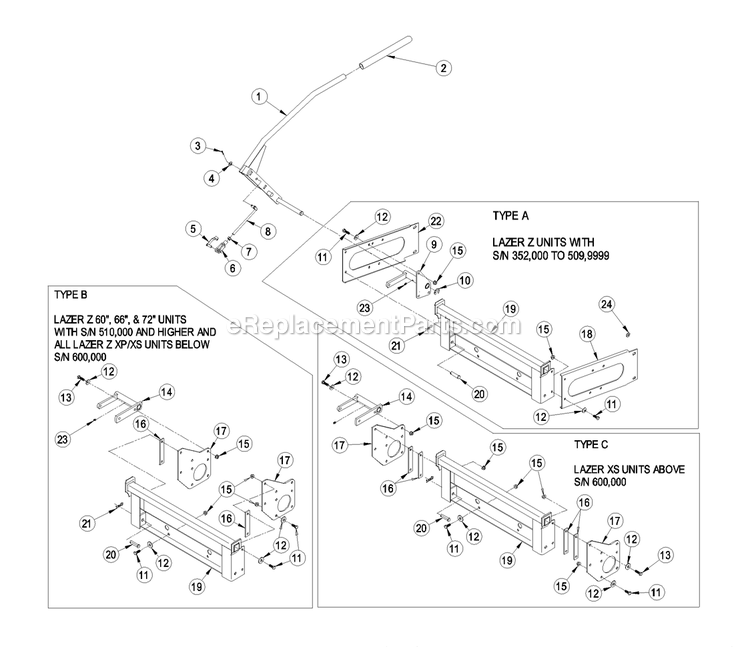 Hitch And Handle Assembly Diagram and Parts List for UVD60 (790000-849999)(2009) Exmark Lawn Tractor Accessories