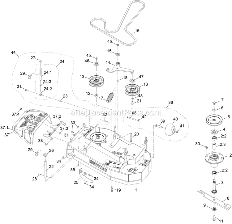 Deck Assembly Diagram and Parts List for TTS481CKA36300 (406294345-408644345)(2020) Exmark Lawn Mower