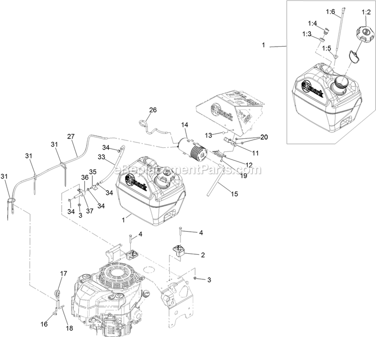 Fuel Assembly Diagram and Parts List for TTS541CKA48300 (406294345-408644345)(2020) Exmark Lawn Mower