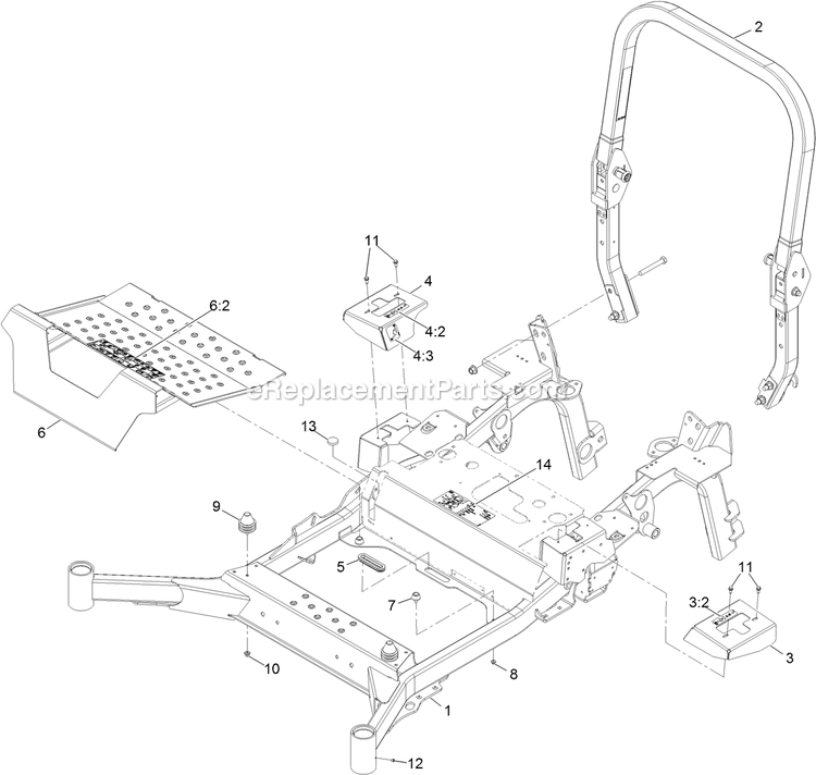 Main Frame Assembly Diagram and Parts List for LZS80TDYM724W0 (406294345-408644345)(2020) Exmark Lawn Mower