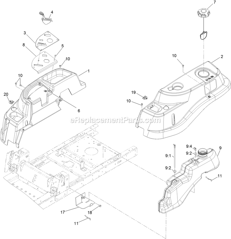 Controls And Fuel Tank Diagram and Parts List for QTS725GKC50200 (315000000-315999999)(2015) Exmark Lawn Mower