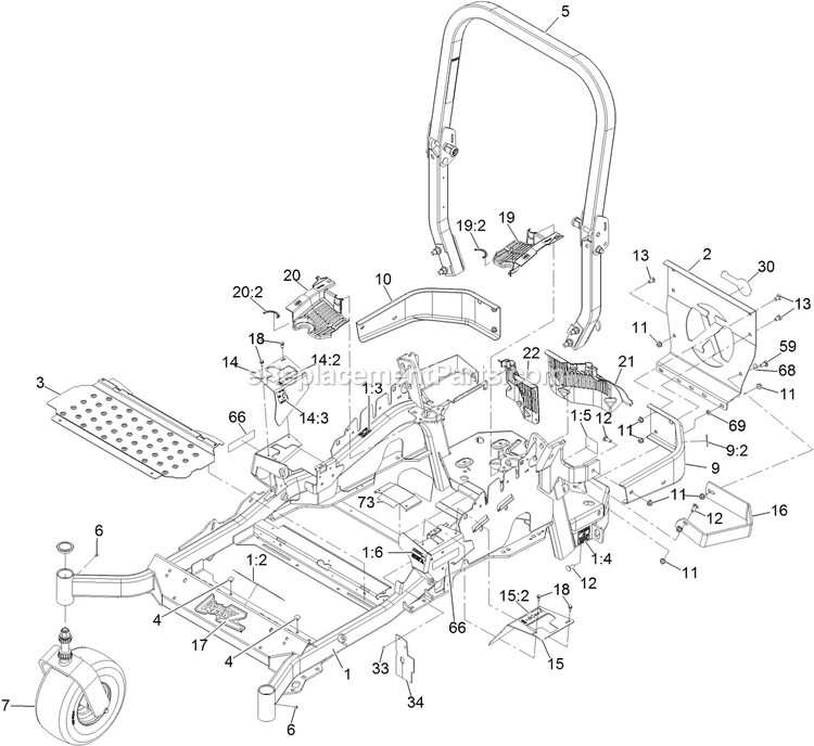 Main Frame Assembly Diagram and Parts List for LZX940EKC606 (313000000-313999999)(2013) Exmark Lawn Mower