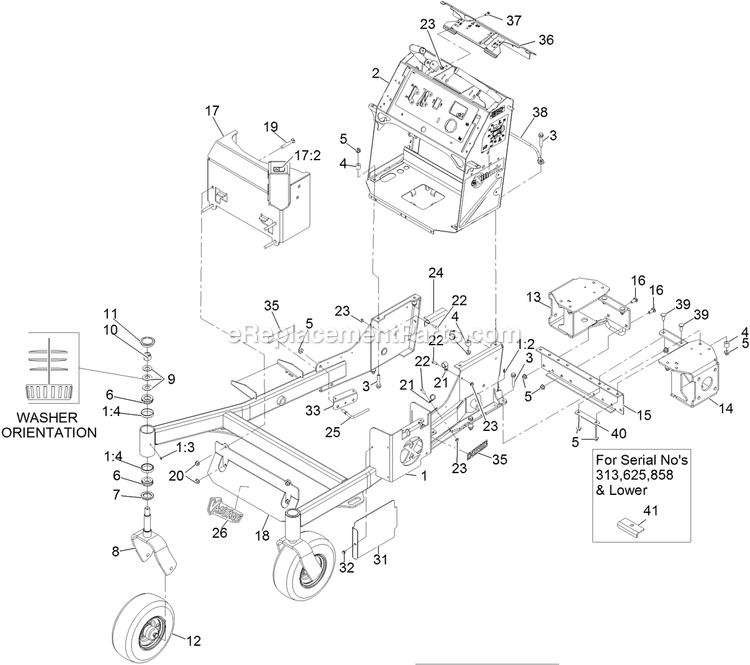 Main Frame Assembly Diagram and Parts List for VTX740EKC604 (313000000-313999999)(2013) Exmark Lawn Mower