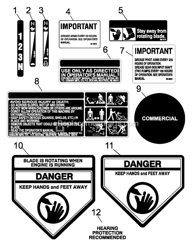 Decals Diagram and Parts List for M216HSPC (510000-599999)(2005) Exmark Lawn Mower