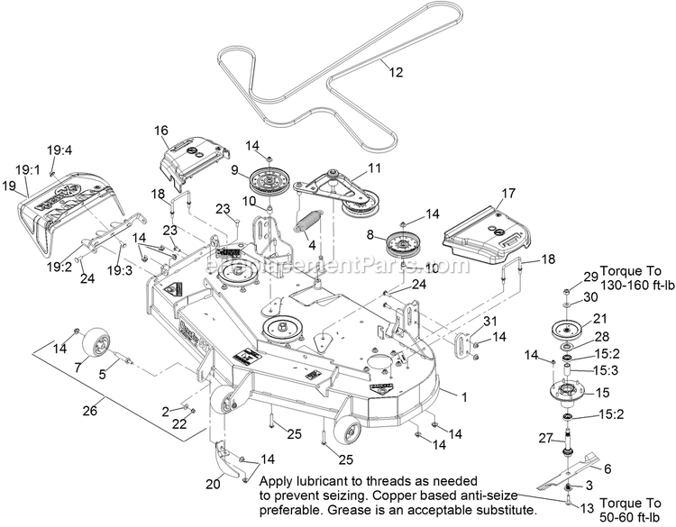 Deck Assembly Diagram and Parts List for LZE691KA524L (312000000-312999999)(2012) Exmark Lawn Mower