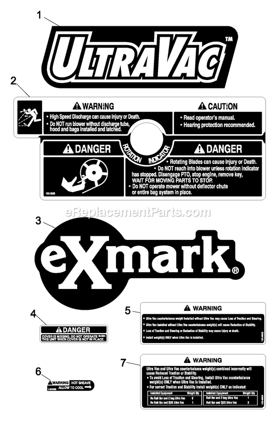 Decals Diagram and Parts List for LHPUV4650 (600000-669999)(2006) Exmark Lawn Tractor Accessories