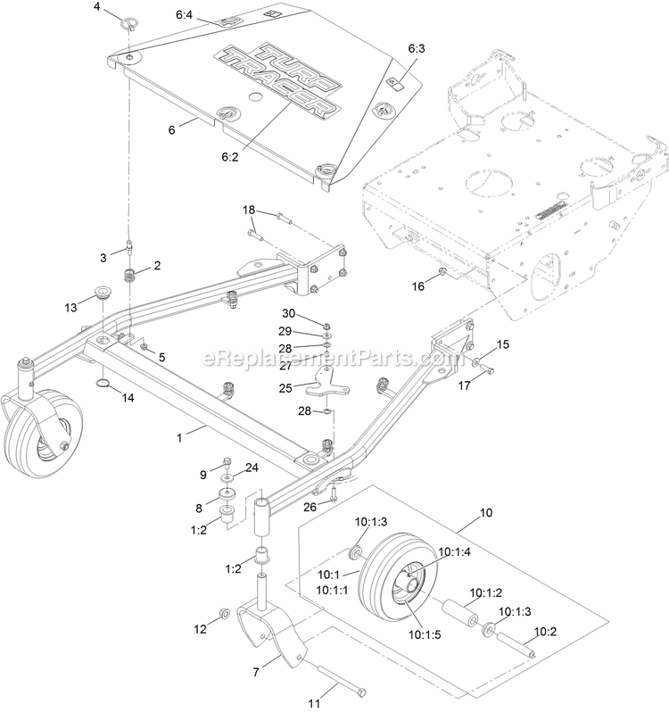 Main Frame Assembly Diagram and Parts List for TTS600GKA523E0 (408644346-411294211)(2021) Exmark Lawn Mower