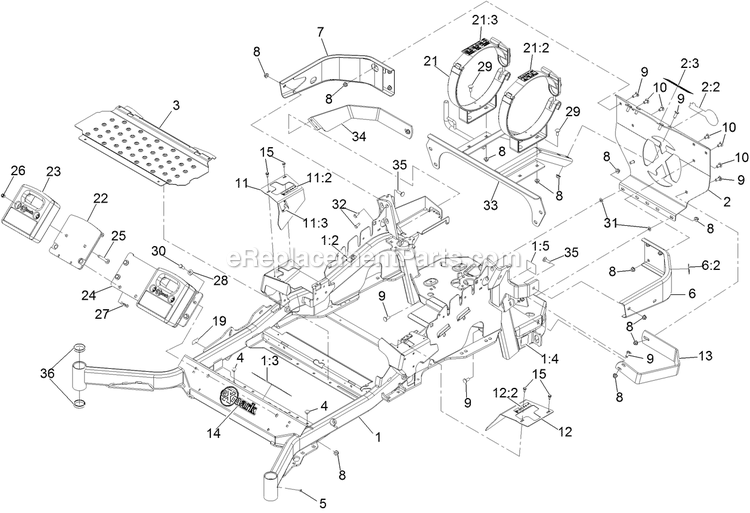 Main Frame Assembly Diagram and Parts List for LZS740PKC72400 (316000000-316999999)(2016) Exmark Lawn Mower