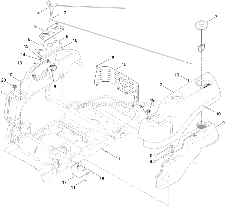 Controls And Fuel Tank Assembly Diagram and Parts List for QT22KA421 (920000-999999)(2011) Exmark Lawn Mower