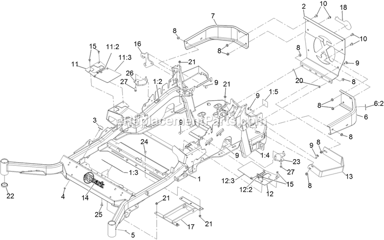 Main Frame Assembly Diagram and Parts List for LZX921GKA726C1 (402082300-404314158)(2018) Exmark Lawn Mower