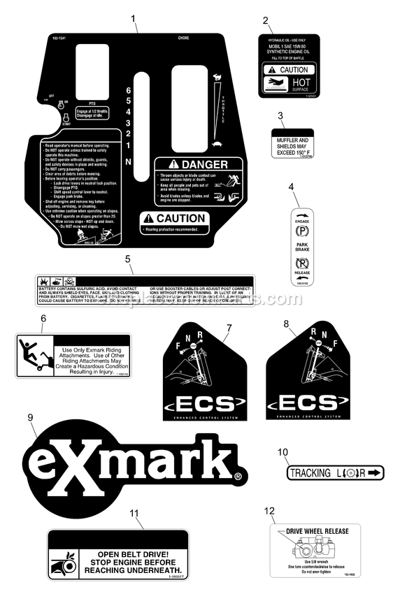 Decals Diagram and Parts List for TT23KCE (600000-669999)(2006) Exmark Lawn Mower