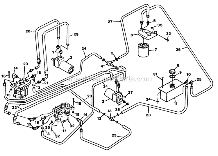 Hydraulics Group Diagram and Parts List for TTH-20KC (90000-101999)(1994) Exmark Lawn Mower