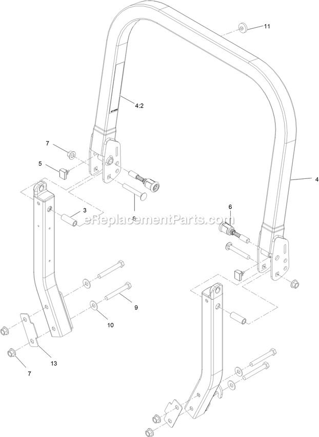 Roll-Over Protection System Assembly Diagram and Parts List for LZE740EKC60400 (406294345-408644345)(2020) Exmark Lawn Mower