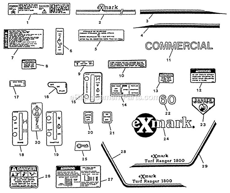 Decals Diagram and Parts List for TR-17K 70000 Exmark Lawn Mower