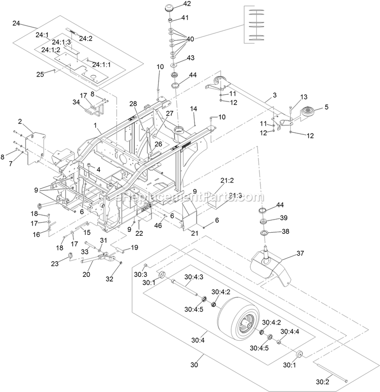 Main Frame Assembly Diagram and Parts List for NVS740CKC42000 (404314159-406294344)(2019) Exmark Lawn Mower