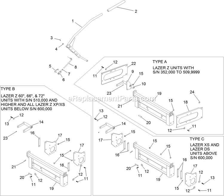 Hitch And Handle Assembly Diagram and Parts List for UVD6672 (314000000-314999999)(2014) Exmark Lawn Tractor Accessories