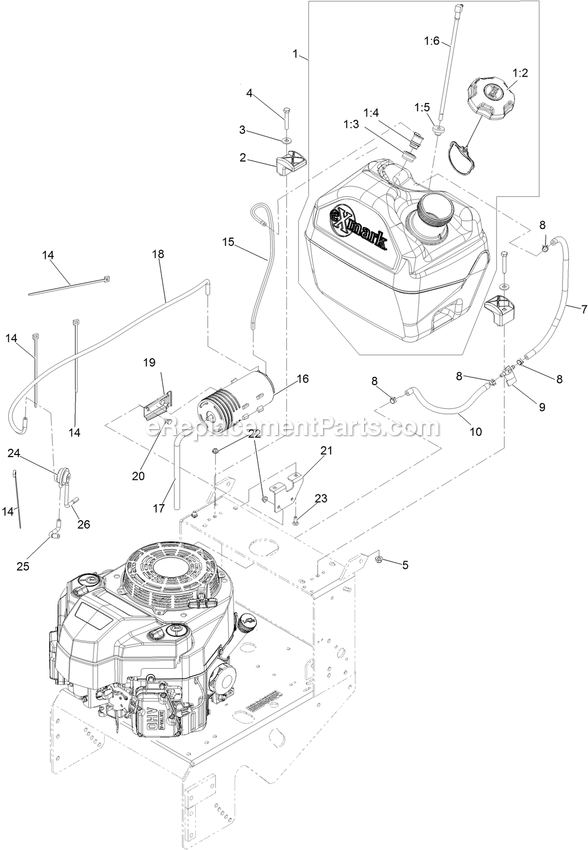 Fuel Tank Assembly Diagram and Parts List for MGS481CKA48300 (406294345-408644345)(2020) Exmark Lawn Mower