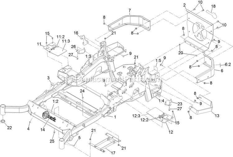 Main Frame Assembly Diagram and Parts List for LZE751GKA604C1 (402082300-404314158)(2018) Exmark Lawn Mower